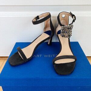 NWT Stuart Weitzman Fringe Square Nudist Sandals Grey Suede Crystal 45MM, Sz 5